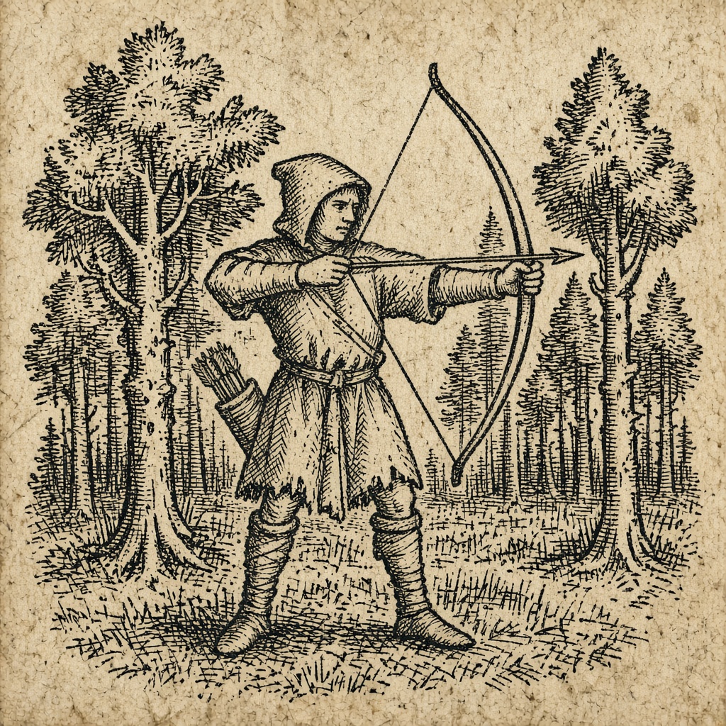 Crude medieval woodcut of Robin Hood drawing a longbow